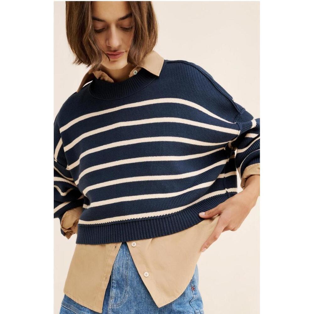 Free People Easy Street Crop Striped Pullover Sweater, Women's XS, Navy Blue